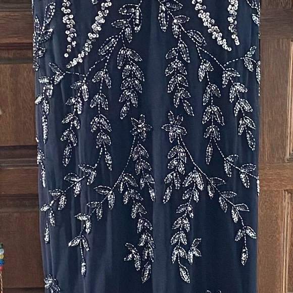 MARINA Midnight Blue Gown with Silver Beaded Leaf Design - Picture 7 of 8